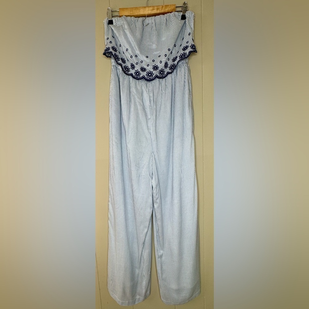 Japna Strapless Floral Embroidered Wide Leg Striped Jumpsuit Womens Large
